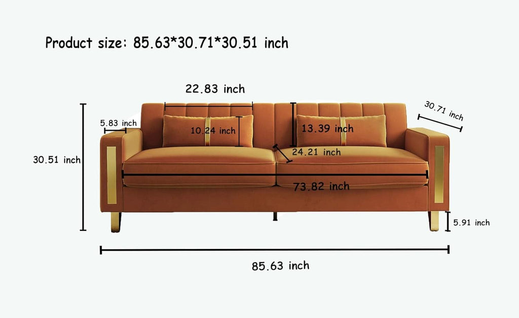 2 Piece Orange Velvet Loveseat Couch Set With Gold Metal Legs 86 Inch Living Room Sofa With 4 Pillows