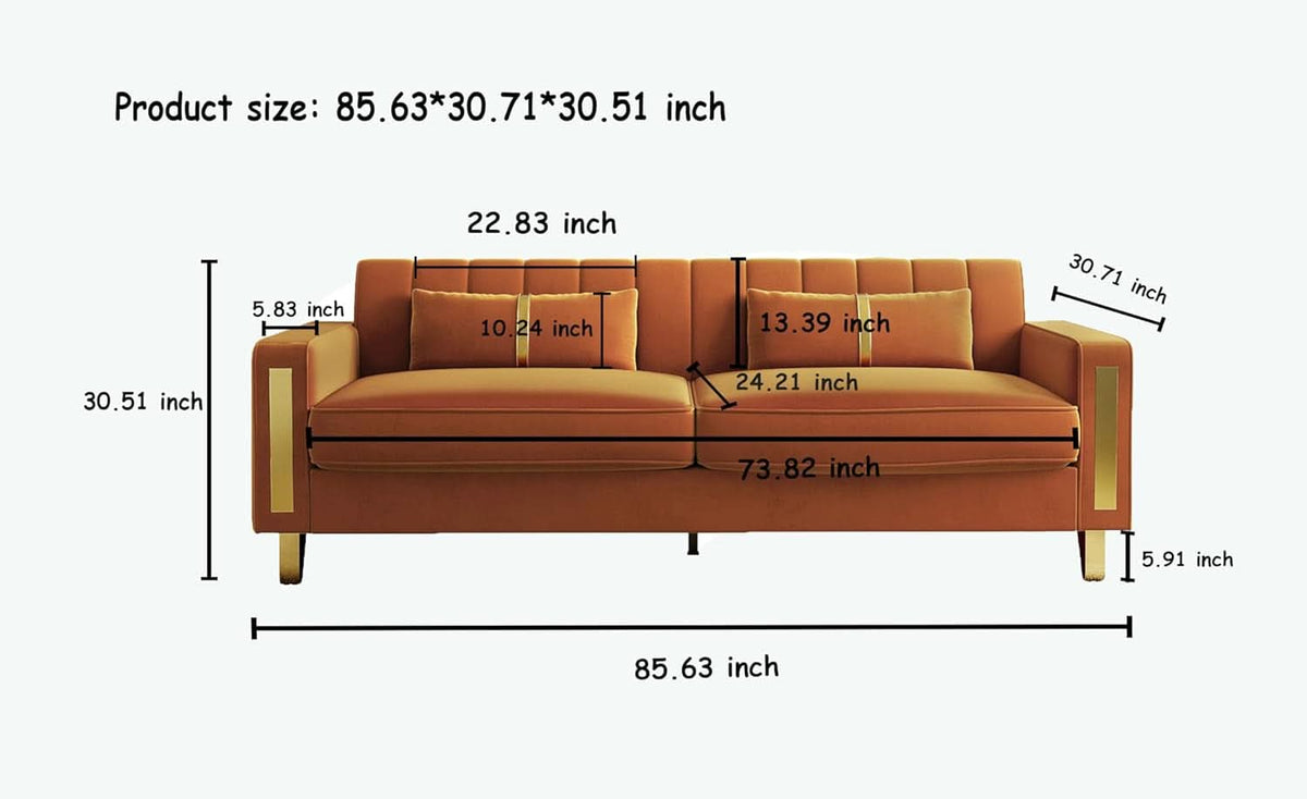 2 Piece Orange Velvet Loveseat Couch Set With Gold Metal Legs 86 Inch Living Room Sofa With 4 Pillows