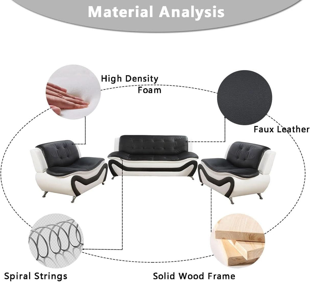 Leather Sofa Set With Loveseat For Living Room Black White