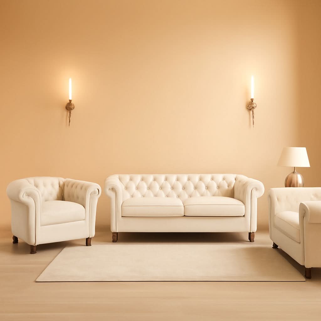 Three Piece Velvet Chesterfield Living Room Sofa Set Beige With Club Chair And Loveseat