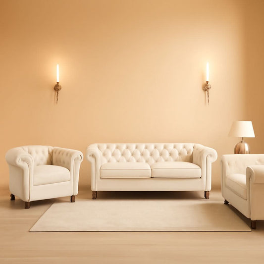 Three Piece Velvet Chesterfield Living Room Sofa Set Beige With Club Chair And Loveseat