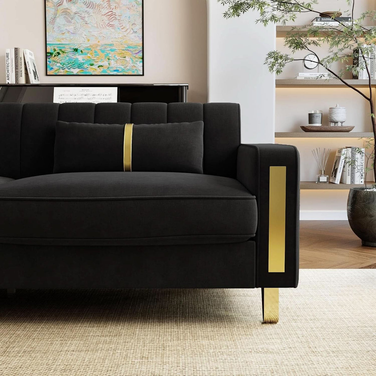 86-Inch Black Velvet Loveseat With Gold Metal Legs For Living Room