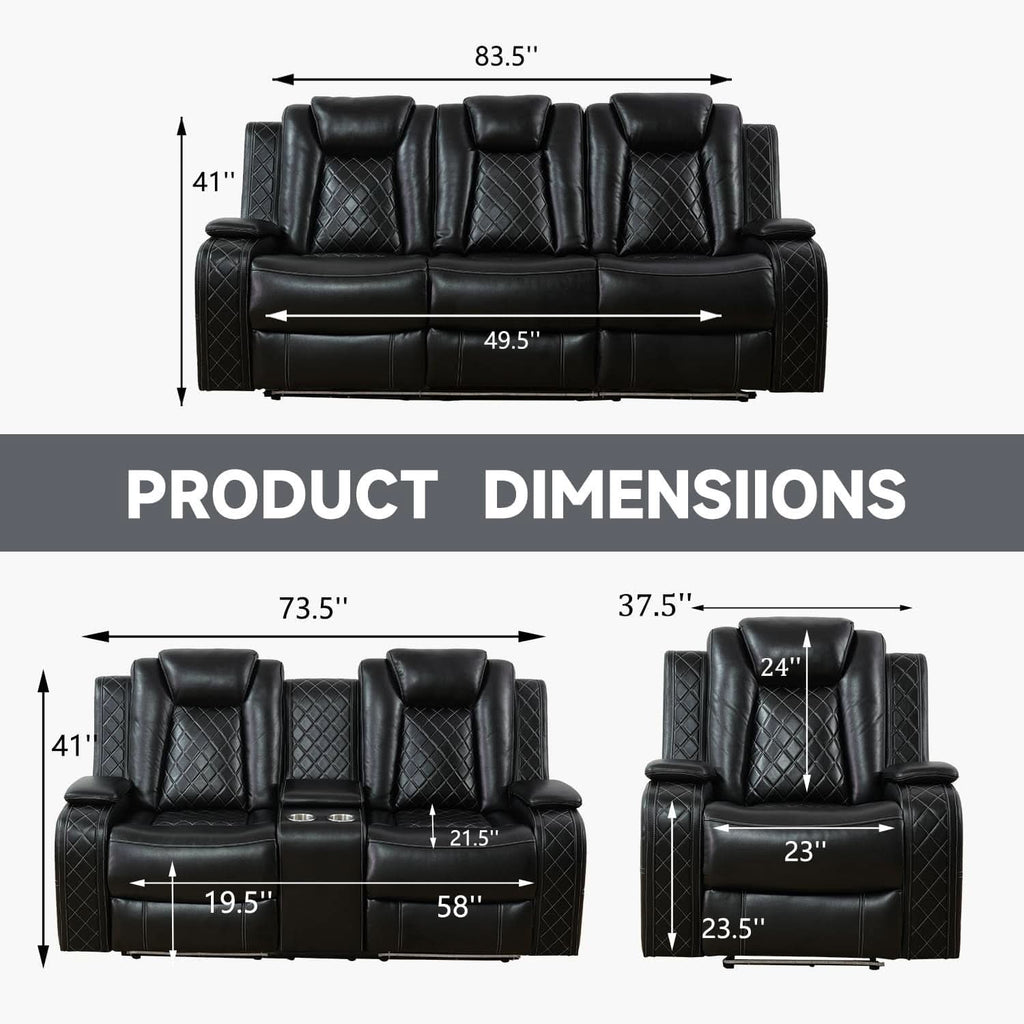 Power Reclining Leather Sofa Set With USB Ports Black