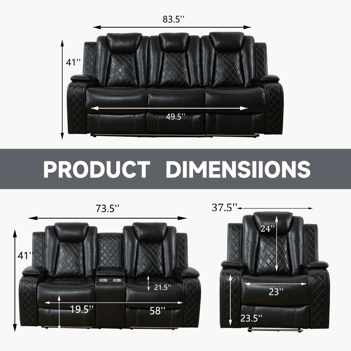 Power Reclining Leather Sofa Set With USB Ports Black