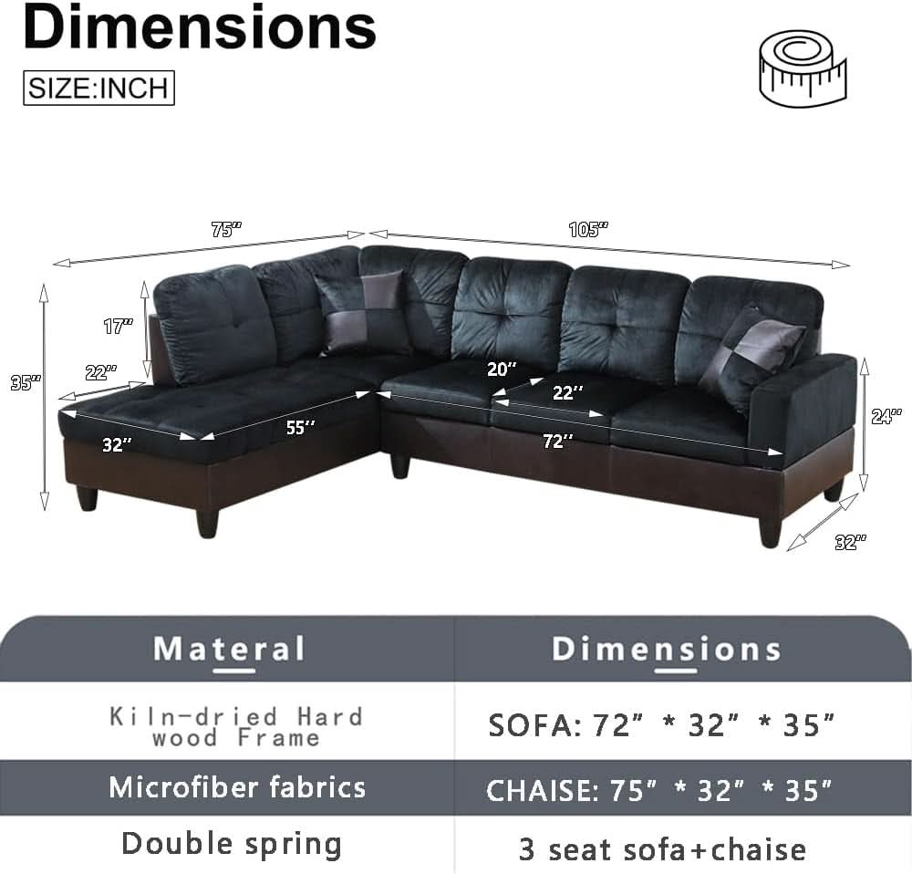 Two Piece L Shape Sectional Sofa Set In Midnight Blue Microfiber With Chaise Left Hand Facing