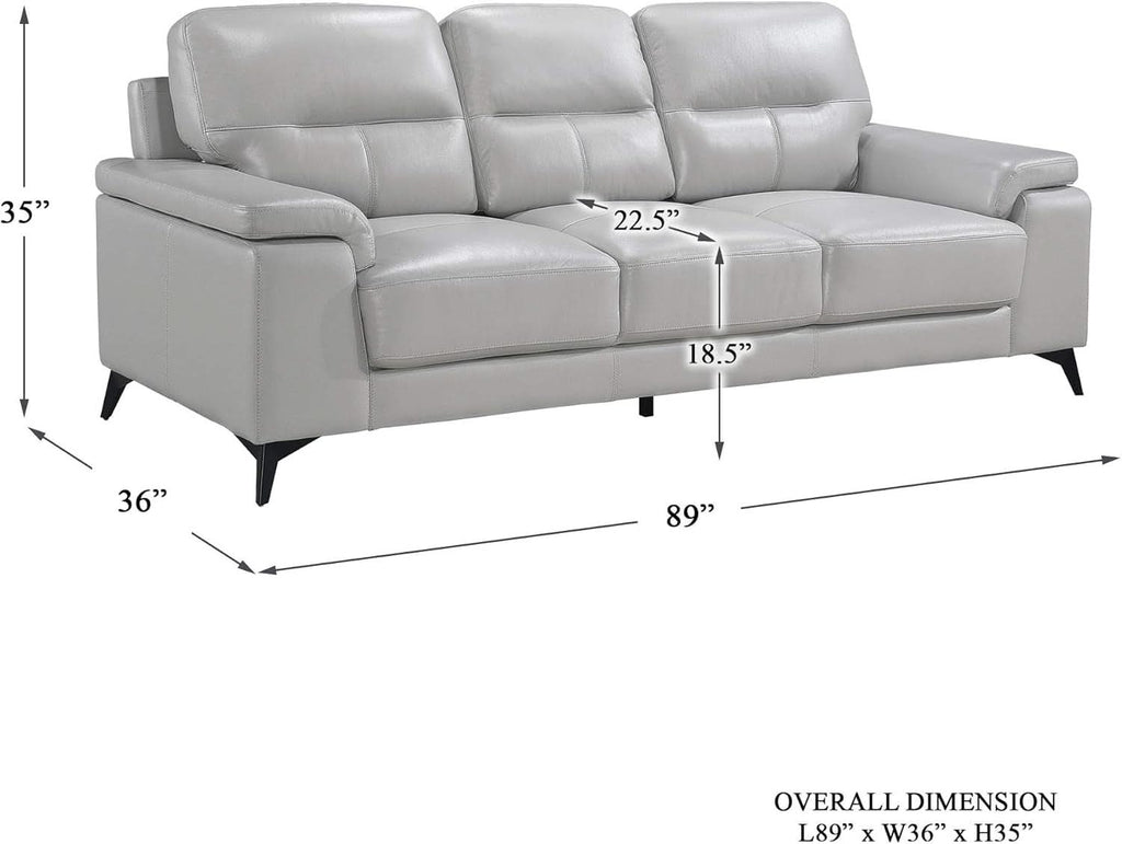 89 Inch Leather Sofa Silver Gray With Metal Legs Wood Frame