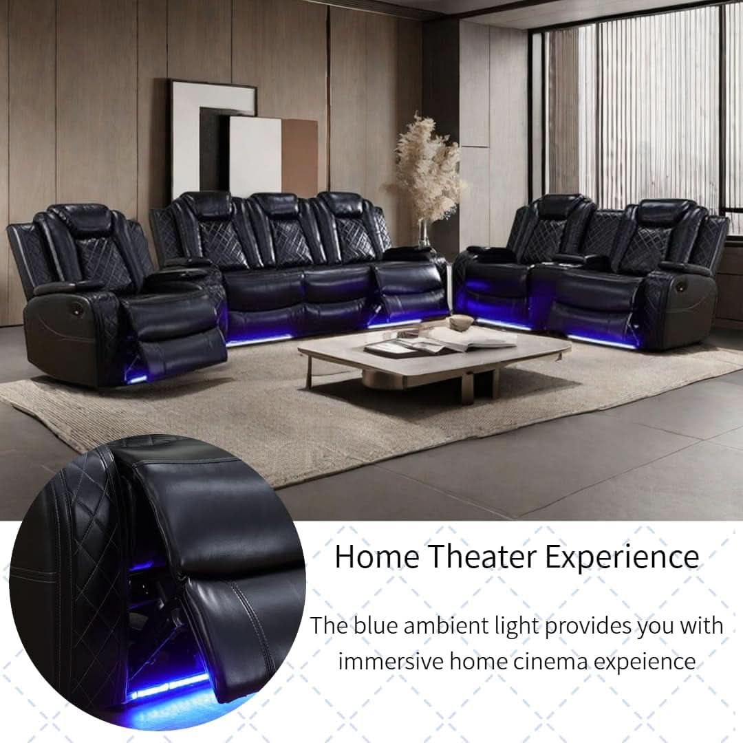 Power Recliner Set With LED Lights And Wireless Charger USB Port
