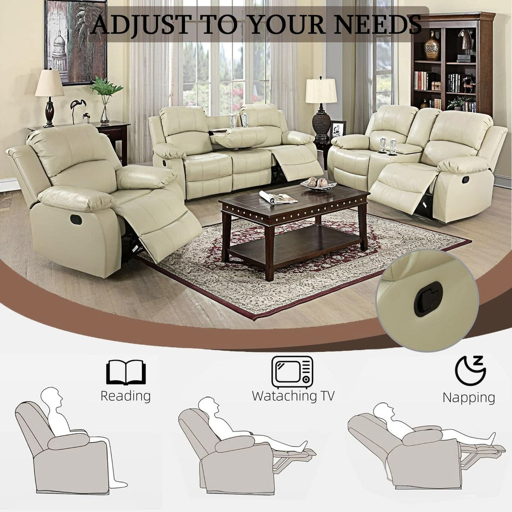 Beige Leather Recliner Sofa Set With Storage And Cup Holder