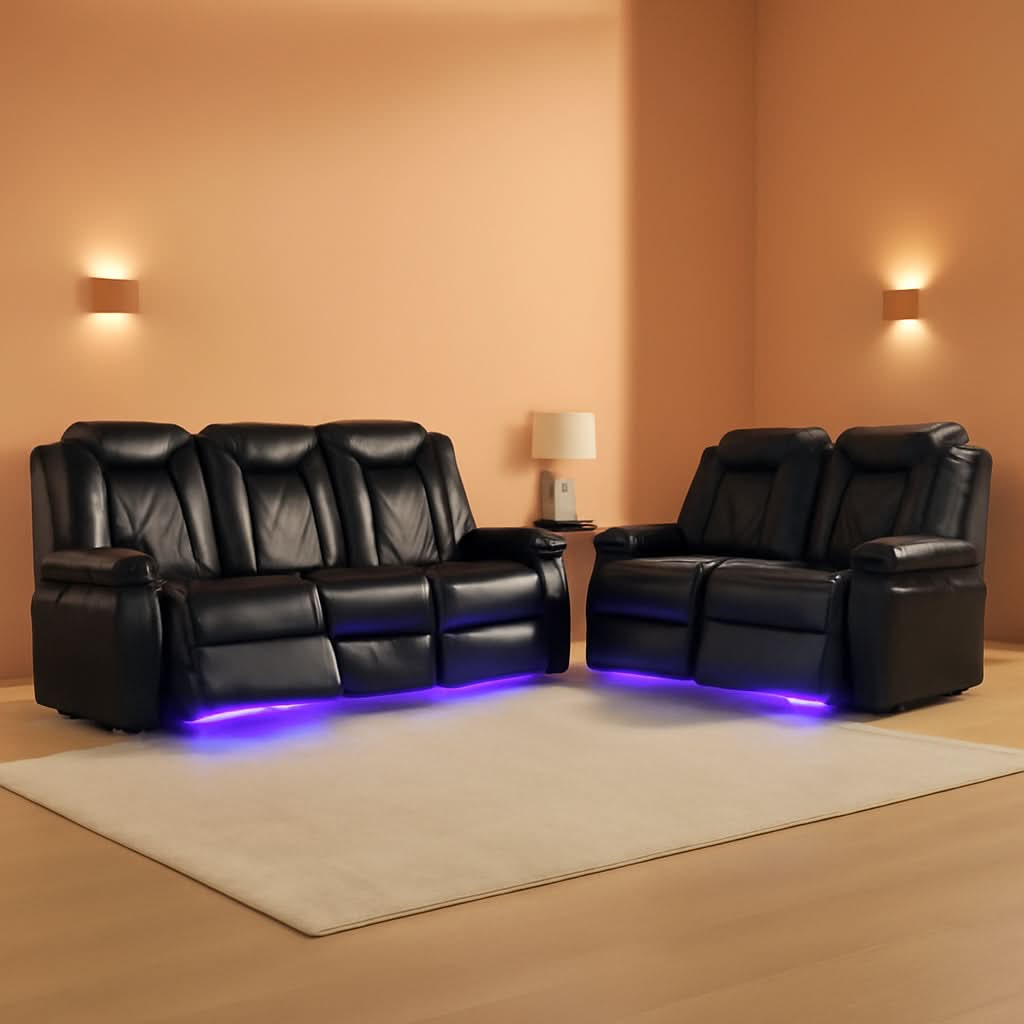 Power Recliner Sofa With LED Lights Black Leather 2 Piece