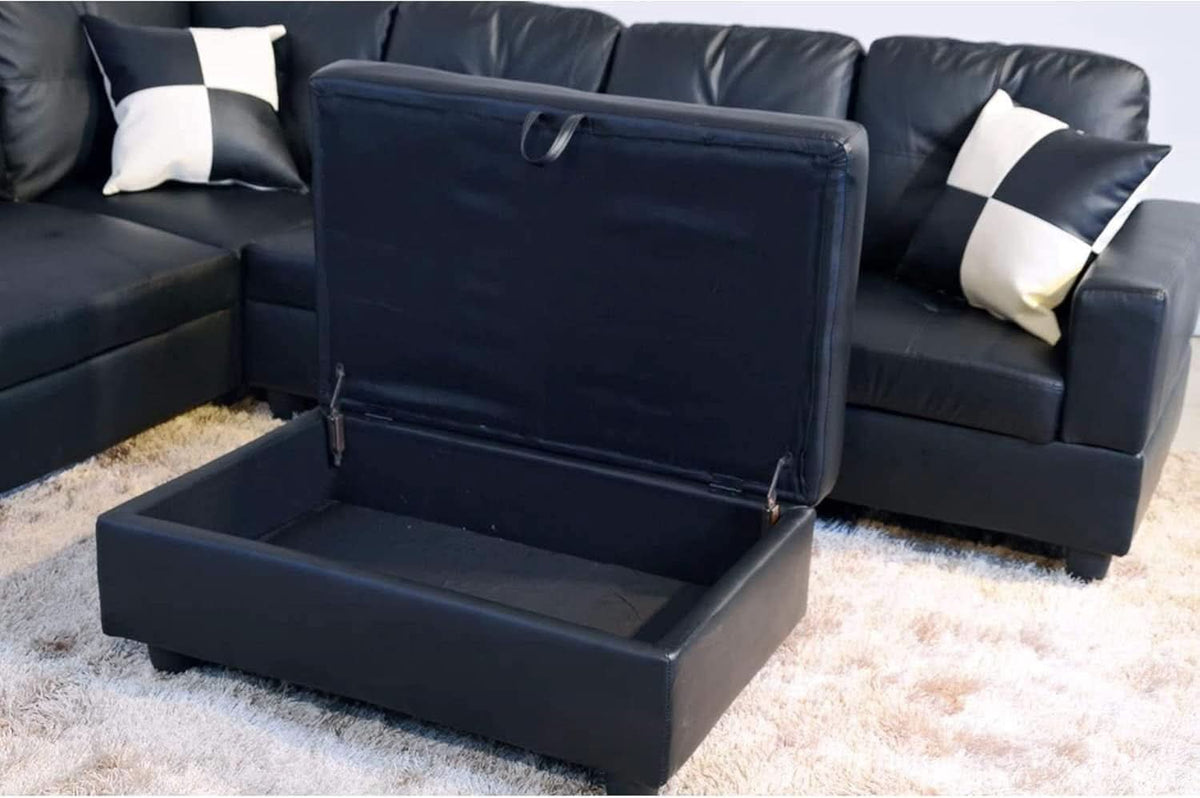 Faux Leather L Shaped Sectional Sofa Black 103 Inch Wide With Ottoman