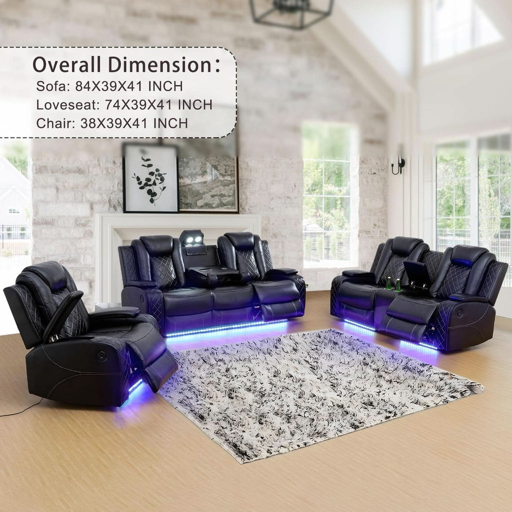 Power Leather Recliner Sofa Set LED Lights USB Ports Black
