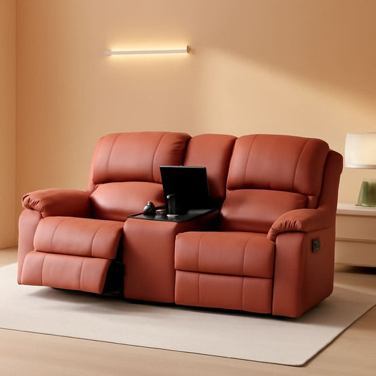 Red Faux Leather Reclining Loveseat With Storage Console
