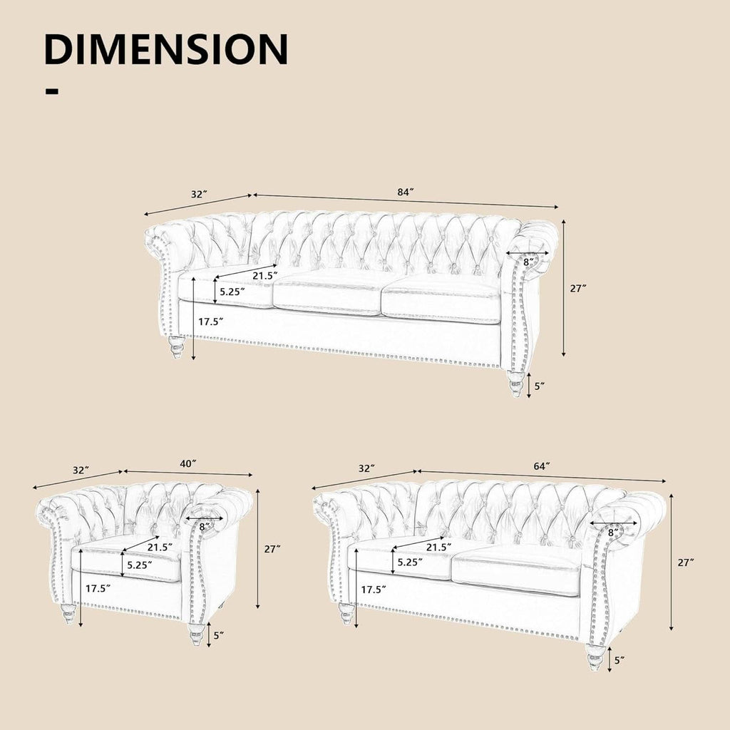 Beige Velvet 3 Piece Living Room Set With Chesterfield Sectional Sofa And Loveseat