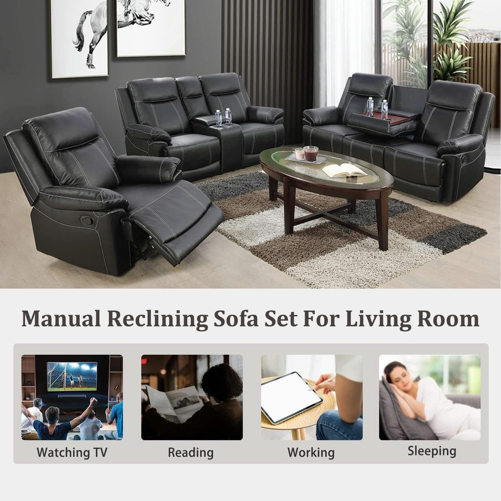 Manual Recliner Sofa Set Black Bonded Leather Cup Holders