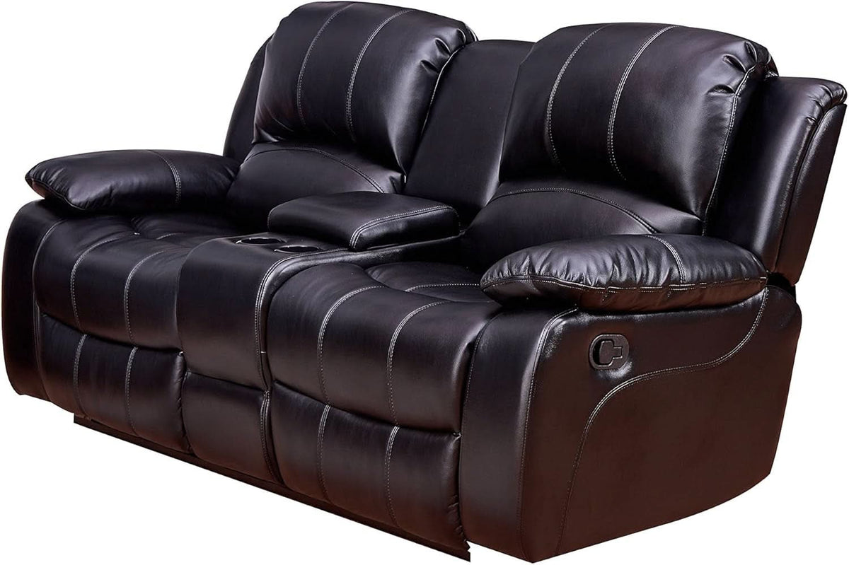 2Piece Bonded Leather Recliner Sofa And Loveseat Set Black 8018 With Pocket Coil Cushions