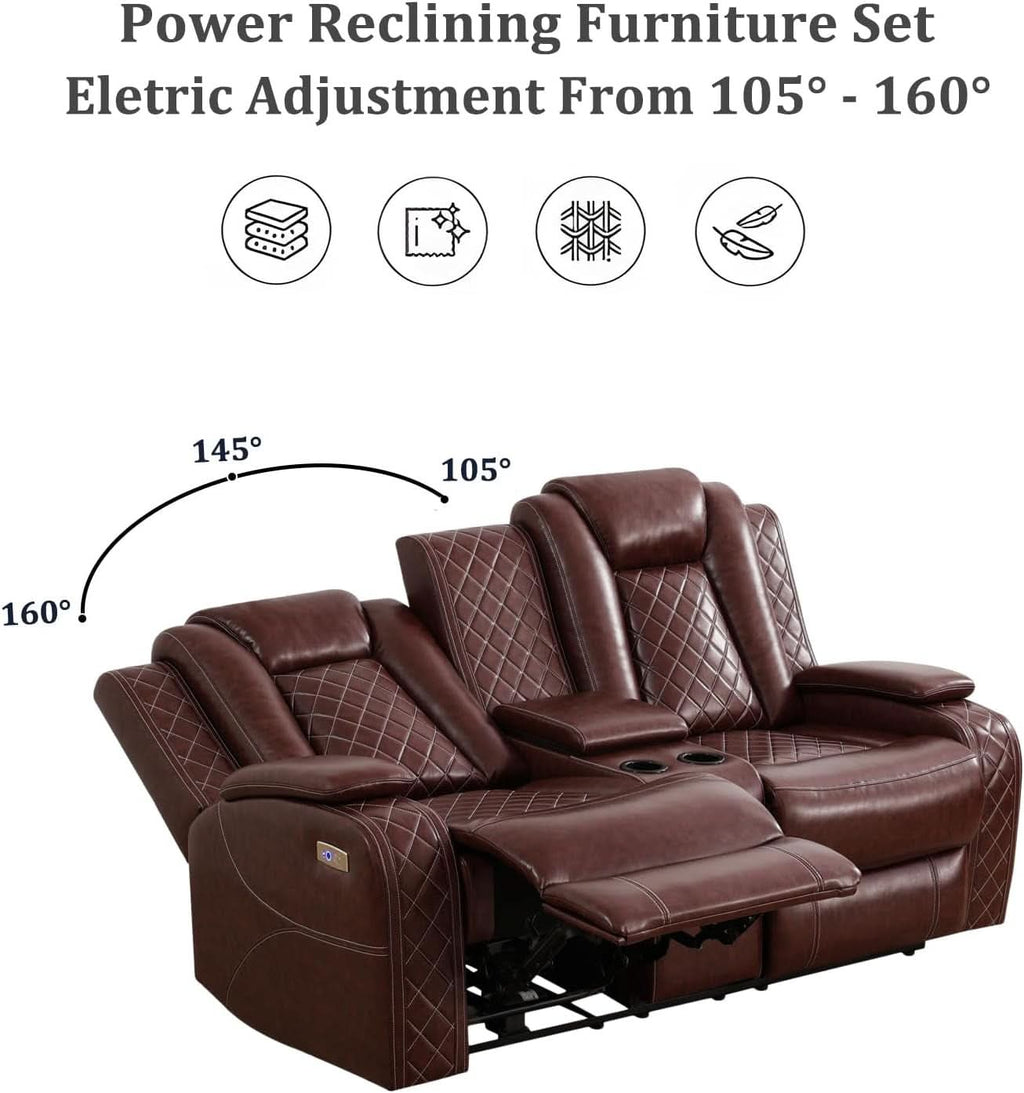 Power Reclining Leather Sofa Set With USB Ports Burgundy