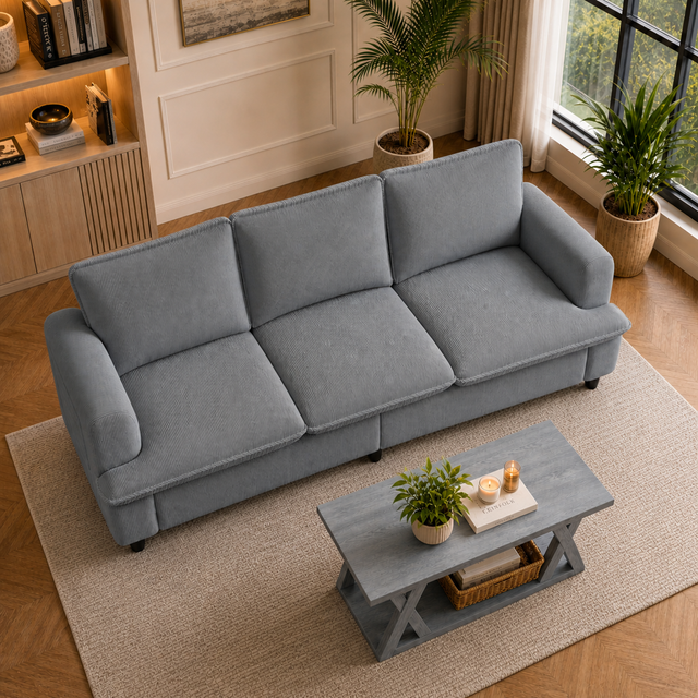 83" Grey 3-Seater Corduroy Sofa with 47" Farmhouse Coffee Table Set