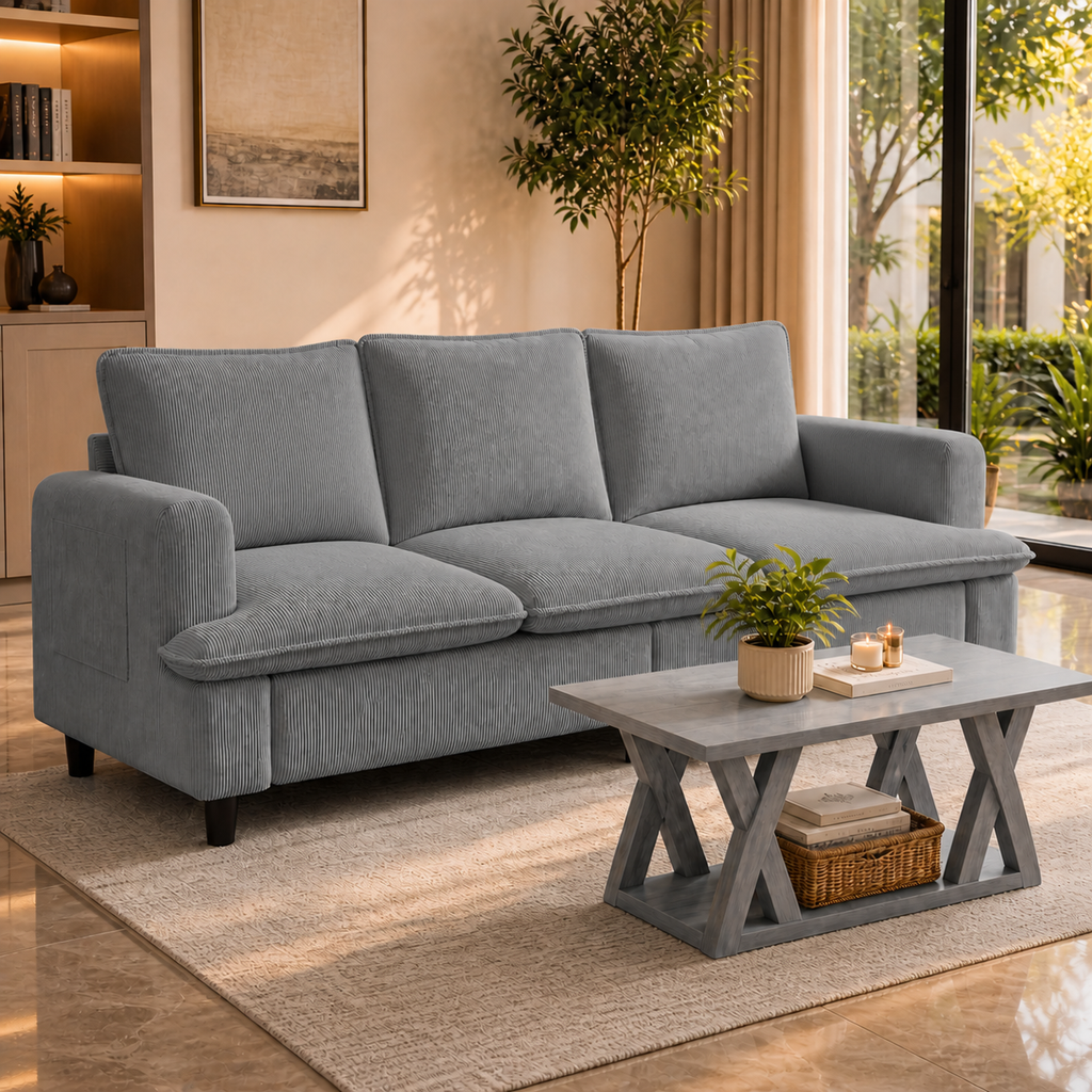 83" Grey 3-Seater Corduroy Sofa with 47" Farmhouse Coffee Table Set