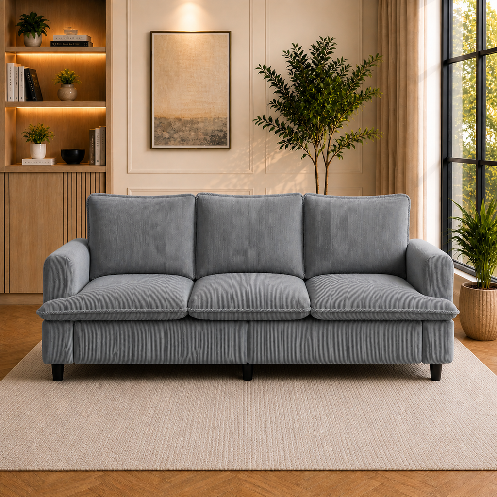 83" Grey 3-Seater Corduroy Sofa with 47" Farmhouse Coffee Table Set