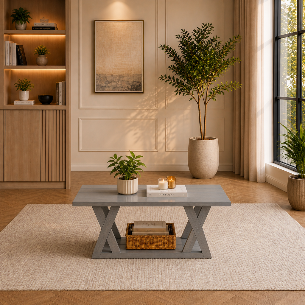 83" Grey 3-Seater Corduroy Sofa with 47" Farmhouse Coffee Table Set