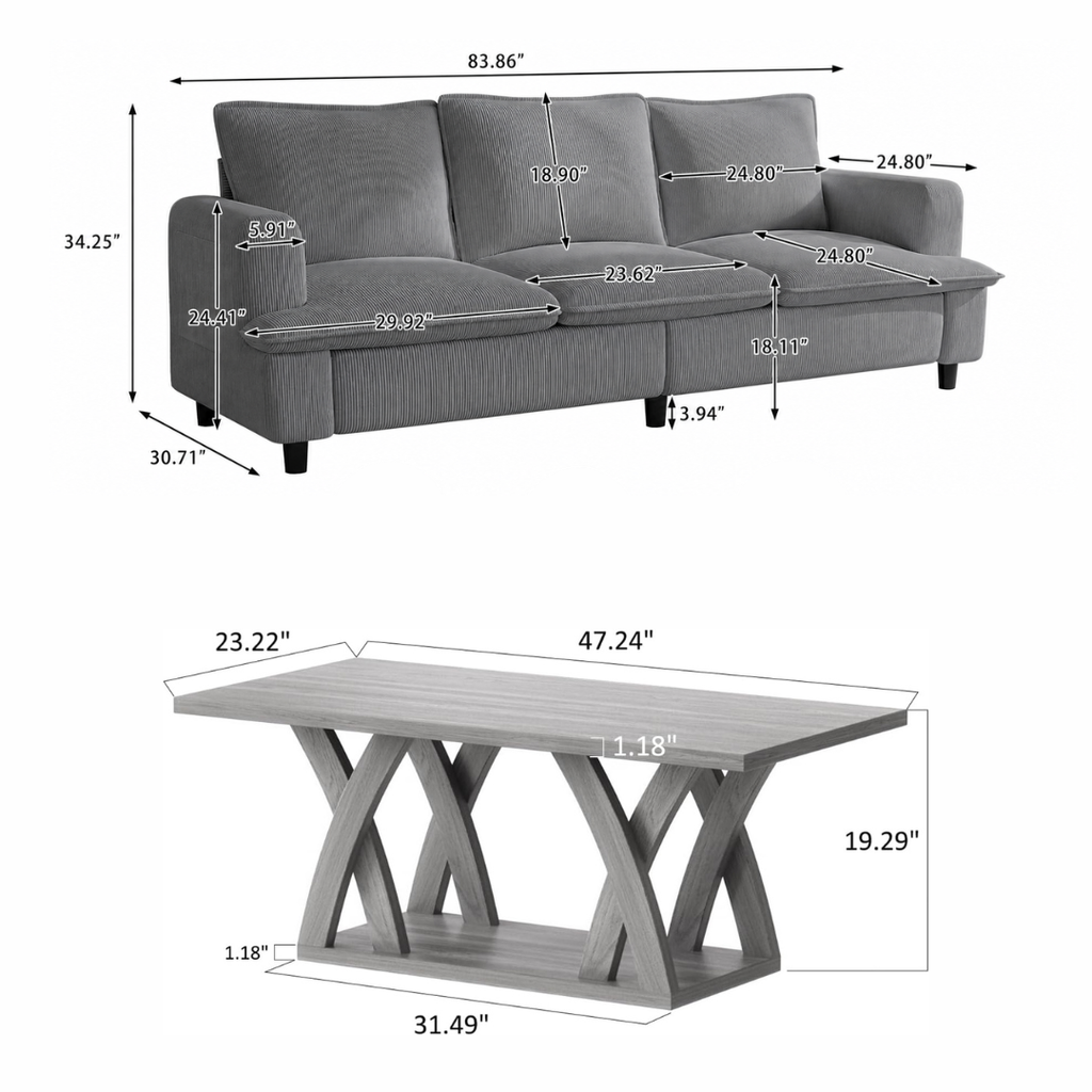 83" Grey 3-Seater Corduroy Sofa with 47" Farmhouse Coffee Table Set