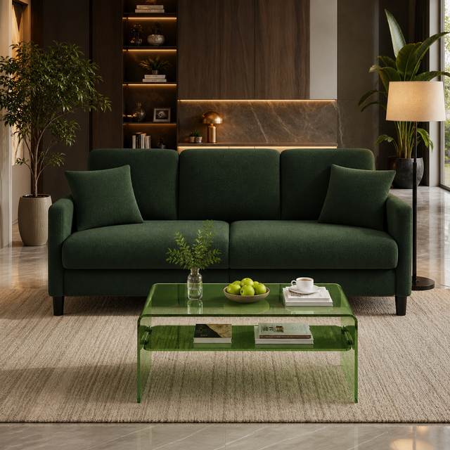 83" Green Teddy Loveseat Sofa with Acrylic Coffee Table Set (2-Piece Living Room Bundle)