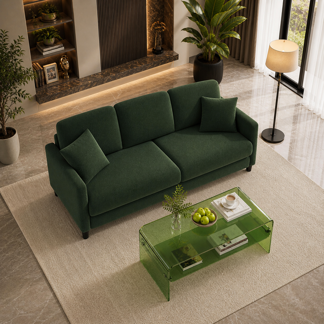 83" Green Teddy Loveseat Sofa with Acrylic Coffee Table Set (2-Piece Living Room Bundle)