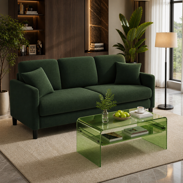 83" Green Teddy Loveseat Sofa with Acrylic Coffee Table Set (2-Piece Living Room Bundle)