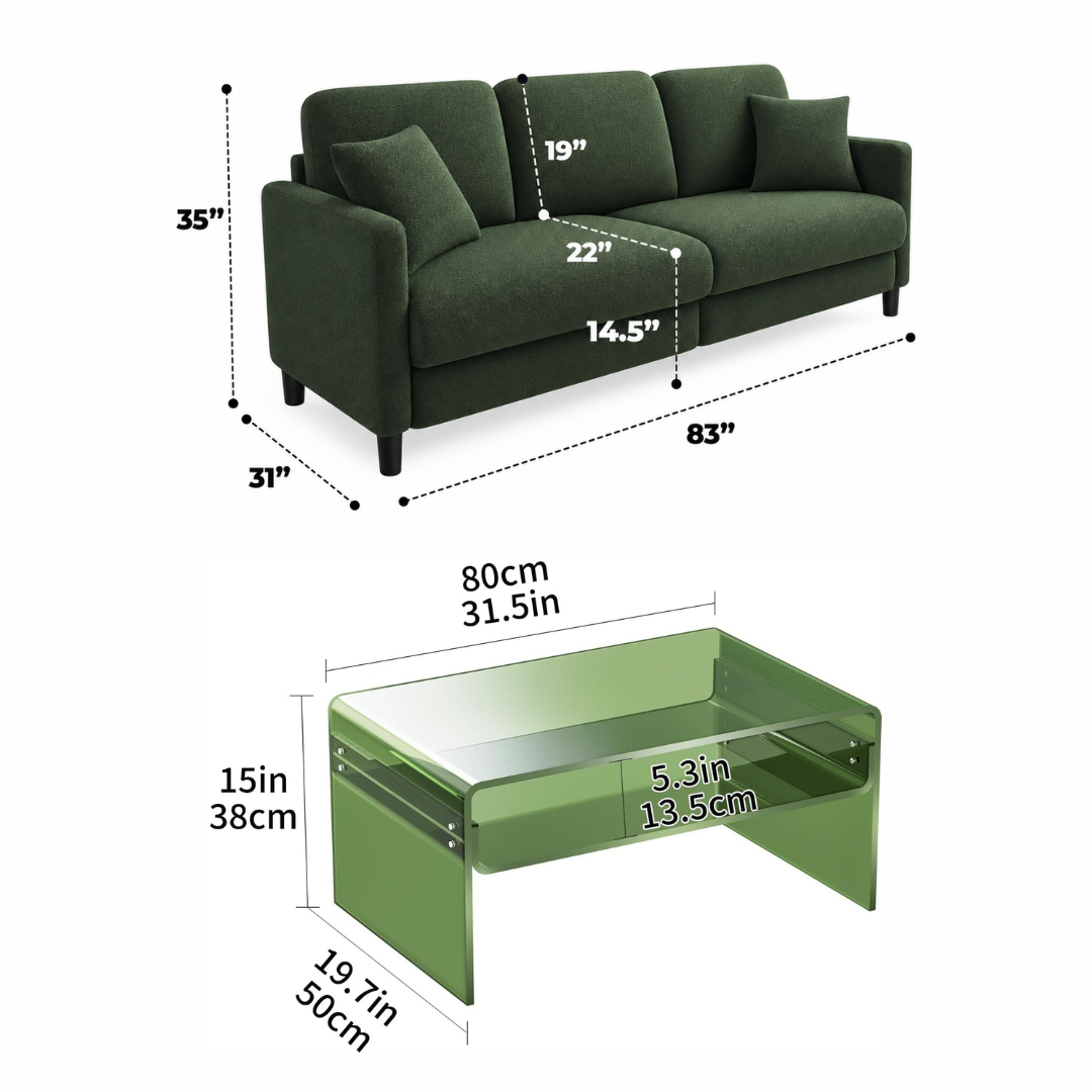 83" Green Teddy Loveseat Sofa with Acrylic Coffee Table Set (2-Piece Living Room Bundle)