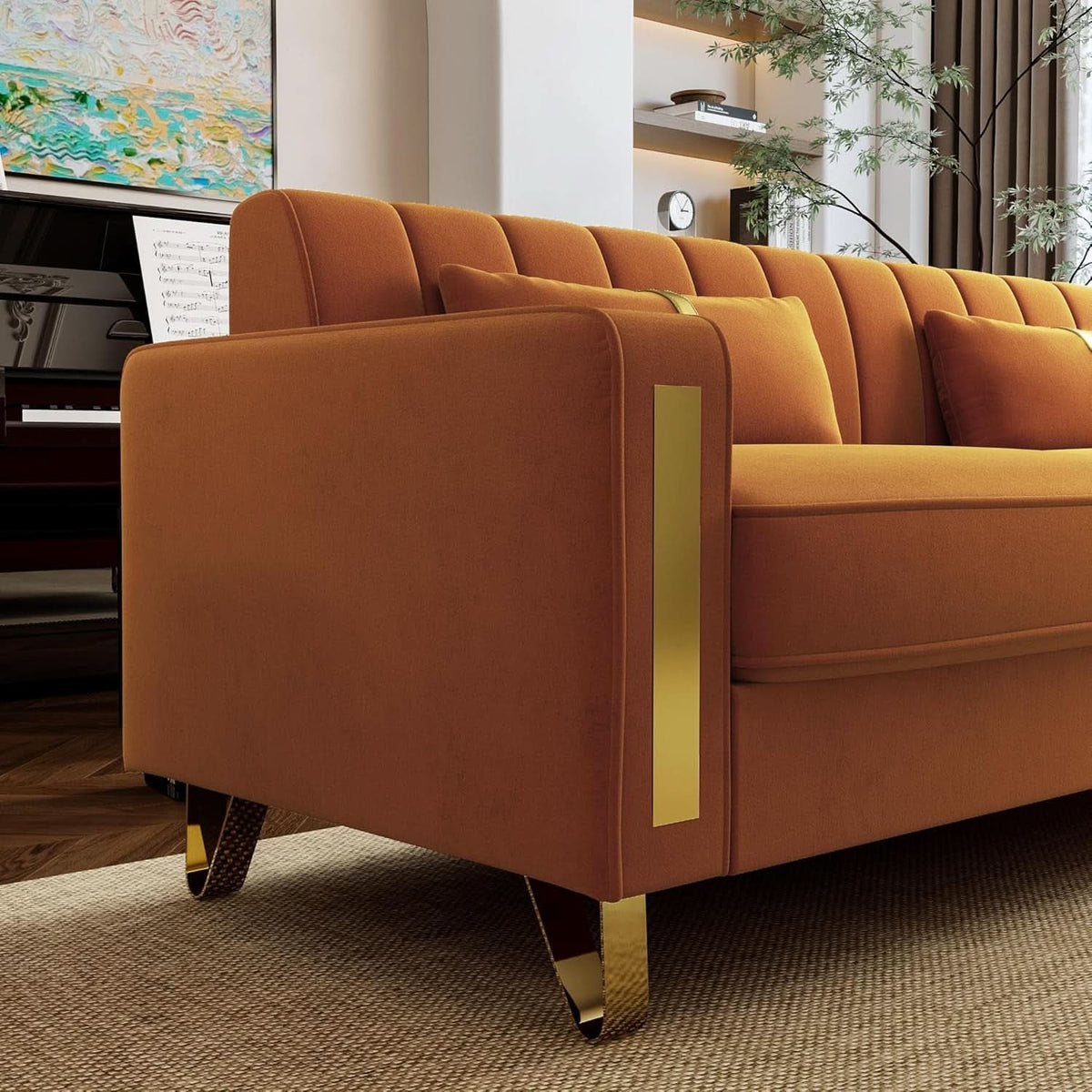 2 Piece Orange Velvet Loveseat Couch Set With Gold Metal Legs 86 Inch Living Room Sofa With 4 Pillows