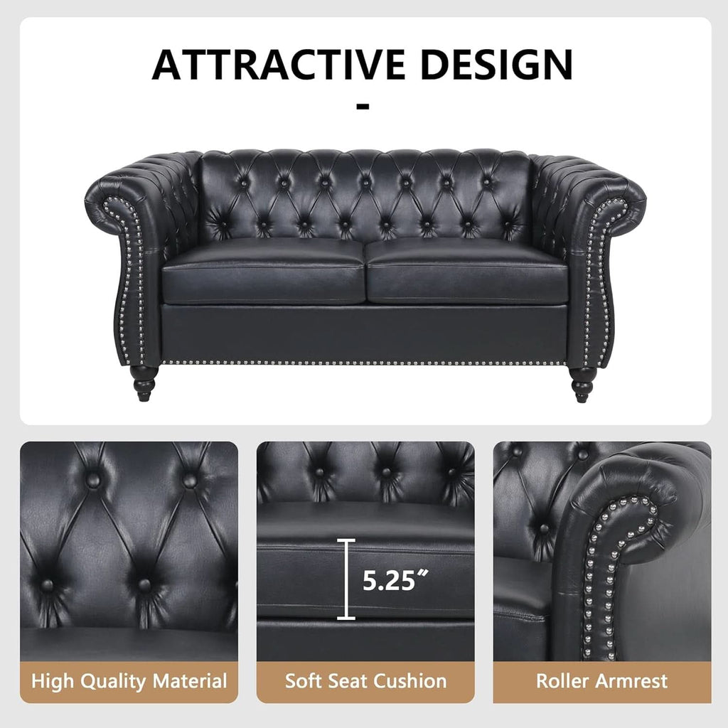 3 Piece Living Room Set Sectional Chesterfield Sofa Chair Artificial Leather Black