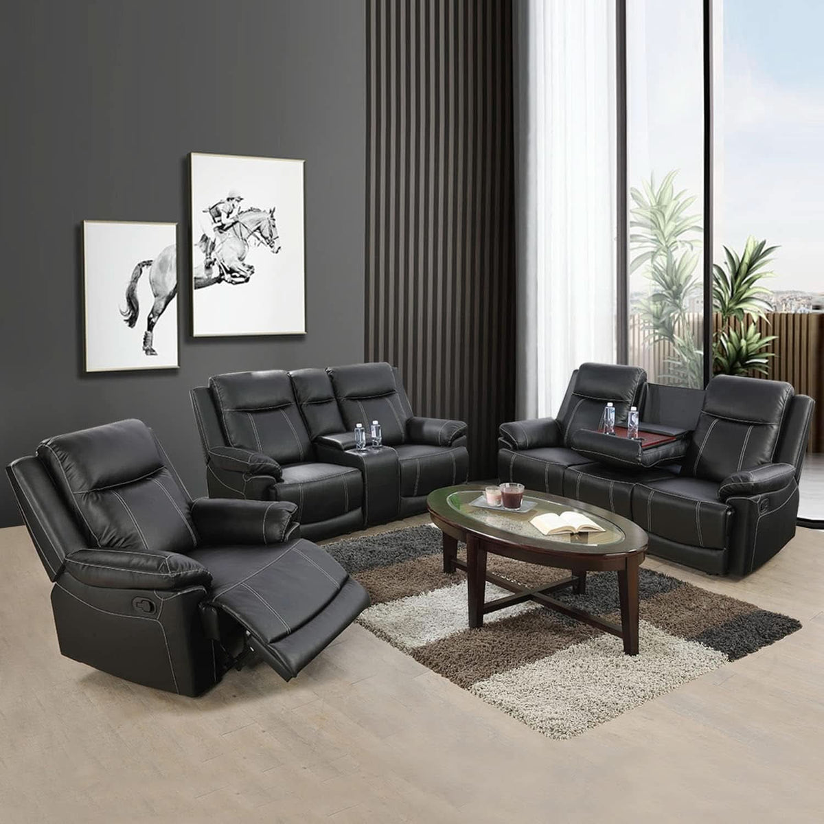 Manual Recliner Sofa Set Black Bonded Leather Cup Holders