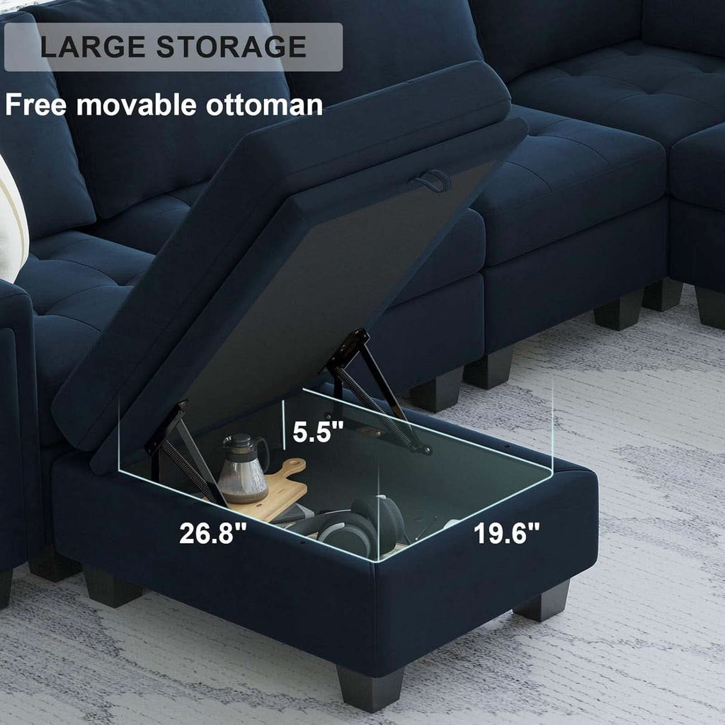Velvet L Shaped Sofa Reversible Chaise Storage Ottoman Blue