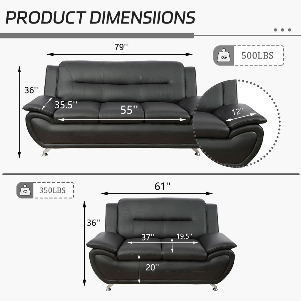 Black Faux Leather Sofa Loveseat 2 Piece Living Room Set