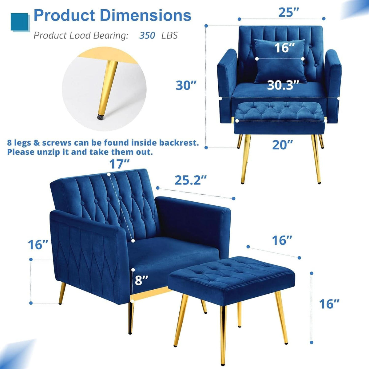 Velvet Futon Sofa Set Two Piece With Convertible Sofa Bed And Tufted Accent Chair In Blue