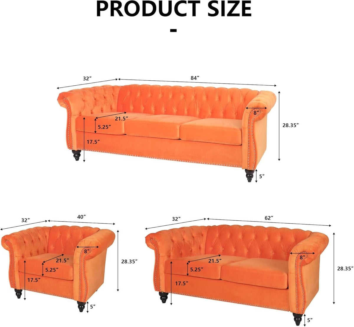 3 Piece Orange Velvet Living Room Sofa Set Includes Loveseat And Club Chair Durable Upholstery