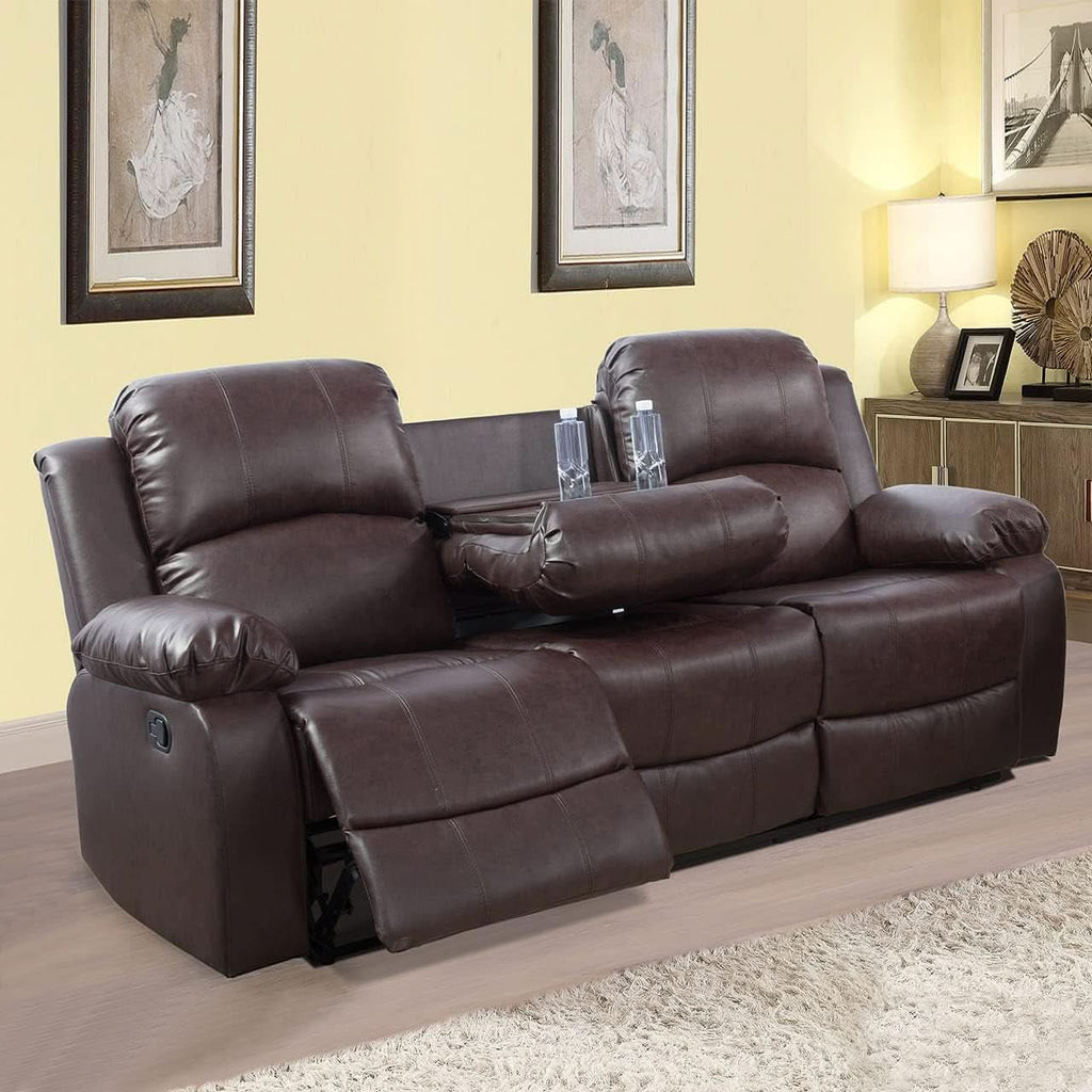 Manual Leather Recliner Sofa Set Brown For Living Room