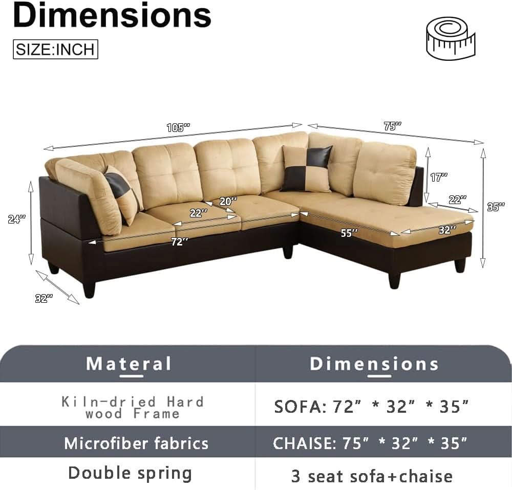 2 Piece L Shaped Sectional Sofa Set Beige Microfiber Right Hand Facing Ideal For Living Room
