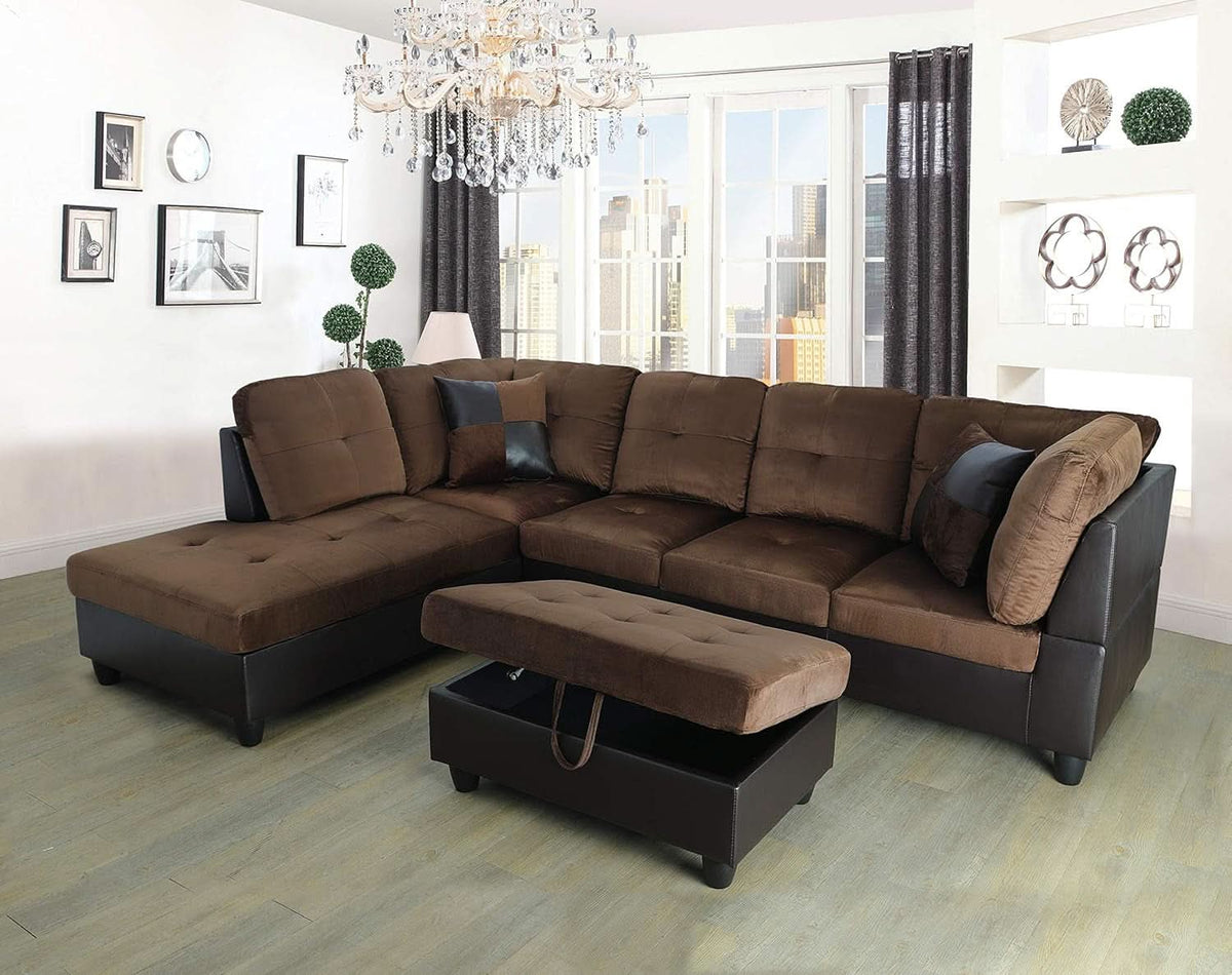3-Piece Contemporary Sectional Sofa With Chaise And Storage Ottoman Chocolate