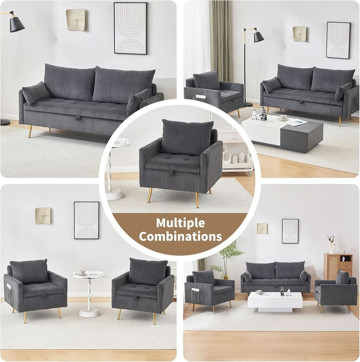 3 Piece Storage Sofa Set With Corduroy Gray Loveseat