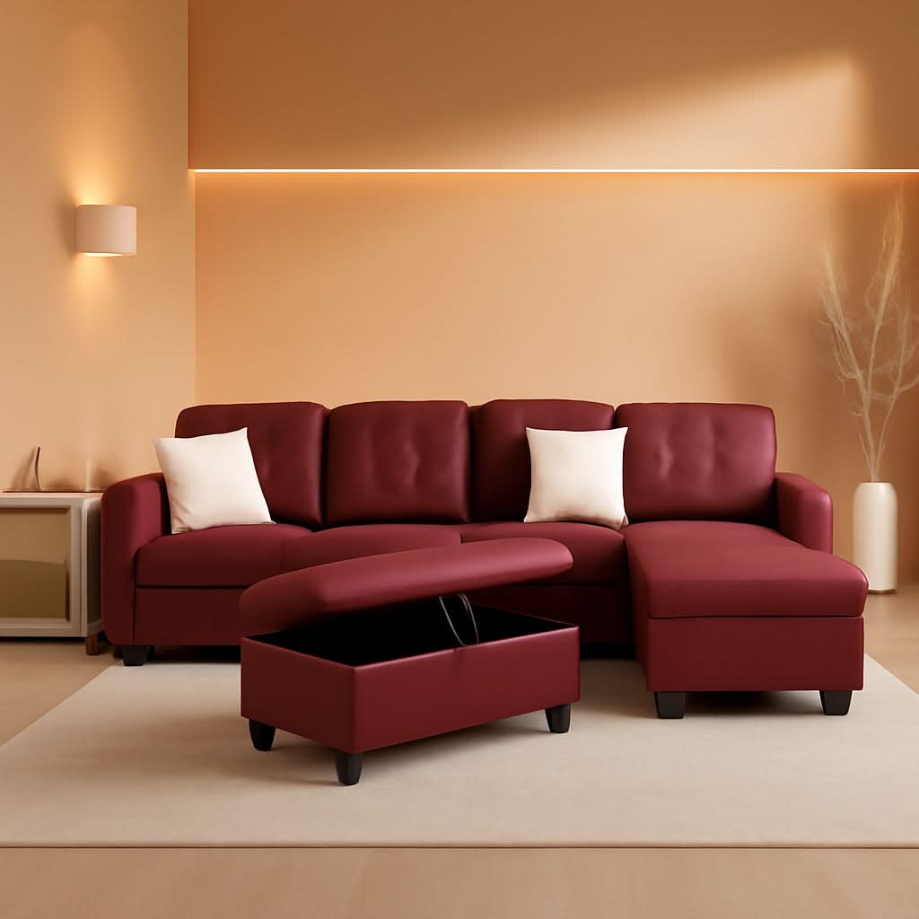 Sectional Sofa Faux Leather L Shaped 103.5 Inch Wide Red