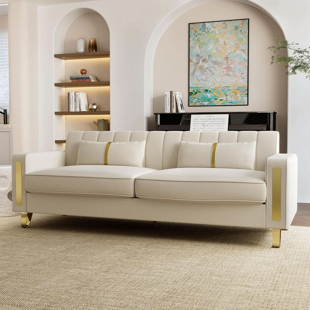 86 Inch Beige Velvet Loveseat With Gold Metal Legs Modern