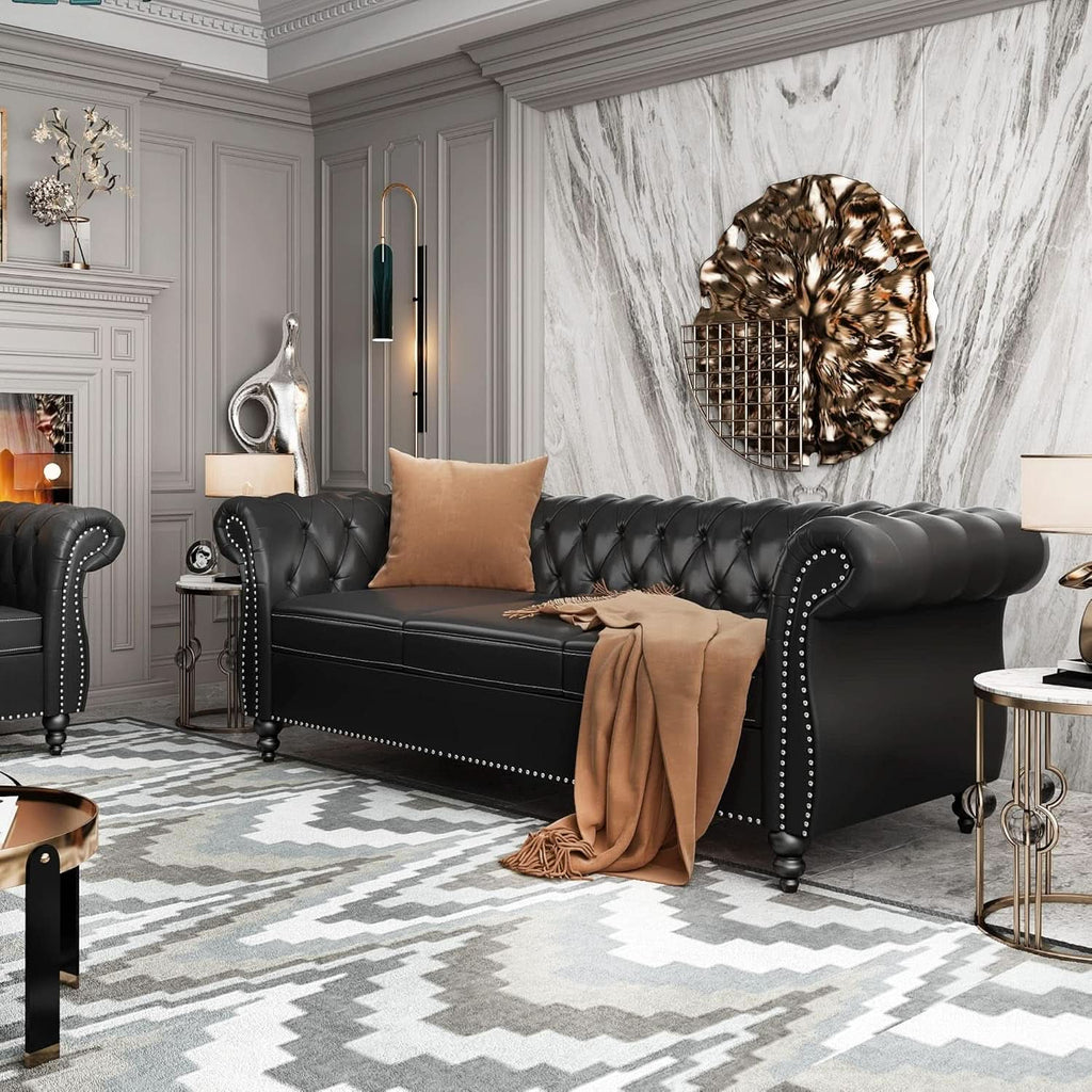 3 Seater PU Chesterfield Sofa Black Tufted Nailhead Trim