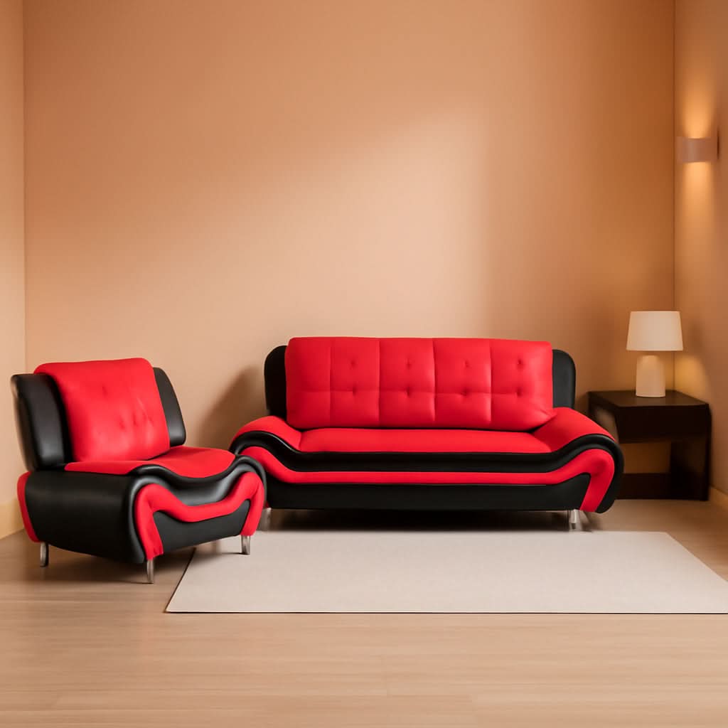 Aldo 3 Piece Modern Sofa Set Black Red Faux Leather
