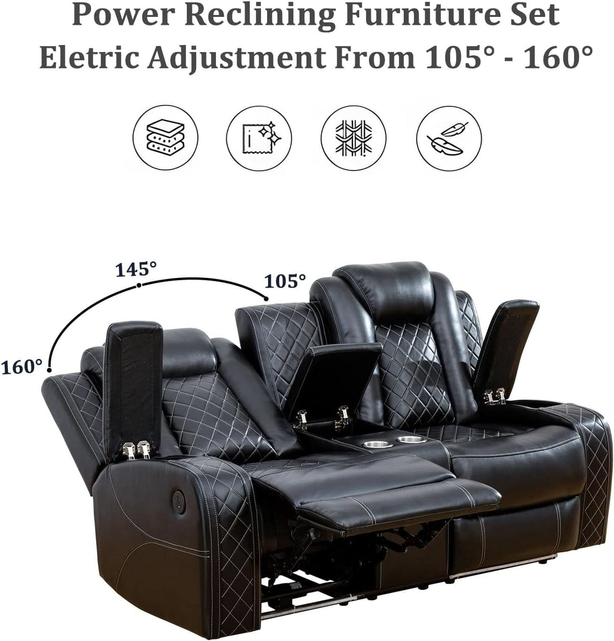 Power Reclining Leather Sofa Set With USB Ports Black