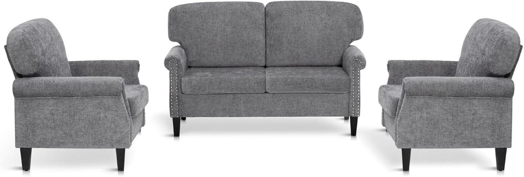 3 Piece Living Room Furniture Set Grey Linen Fabric Loveseat And Two Accent Chairs