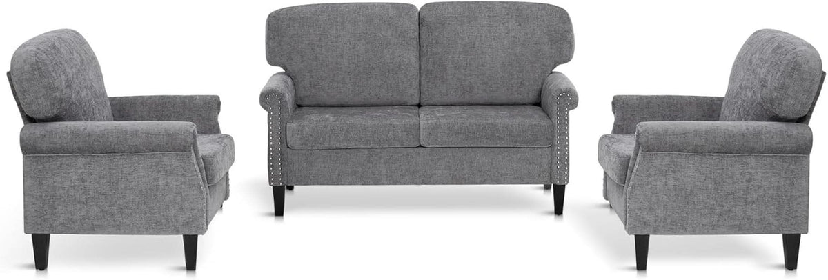 3 Piece Living Room Furniture Set Grey Linen Fabric Loveseat And Two Accent Chairs