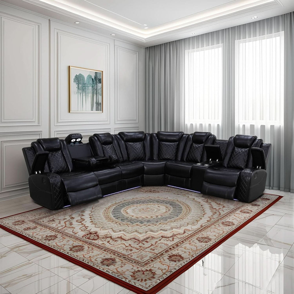 Power Recliner Sectional Sofa Black With LED Lights