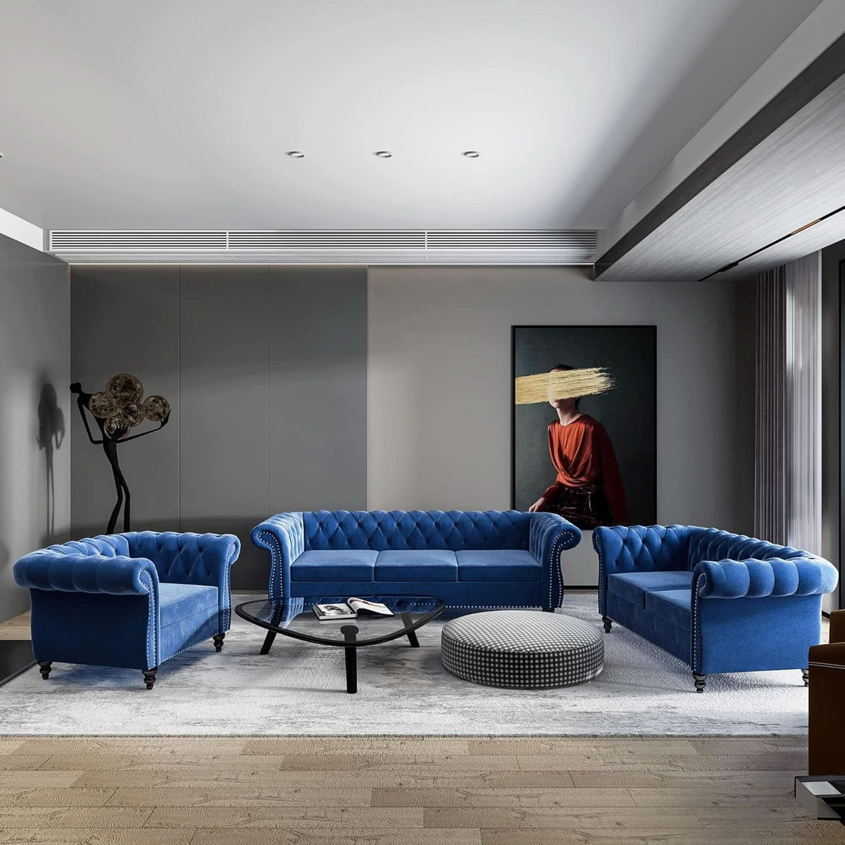 Blue Velvet 3 Piece Sectional Sofa Set With Tufting