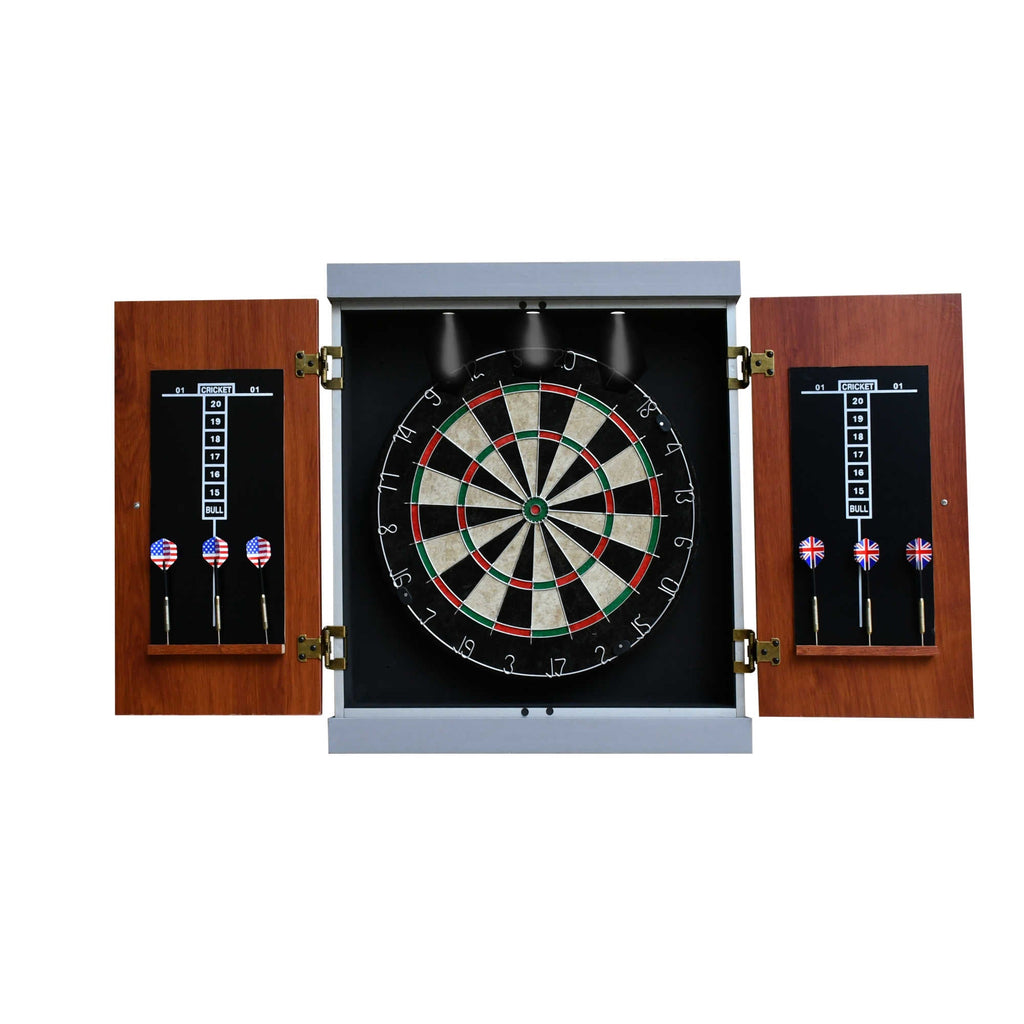 Geneva Bristle Dartboard and Cabinet Set with LED Lighting - Walnut Finish
